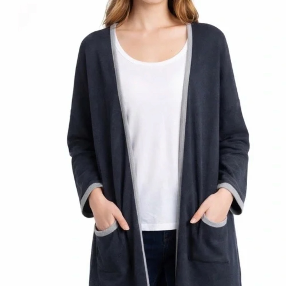 Eileen Fisher Merino Wool Cardigan Sweater Women M Charcoal Gray Long Open